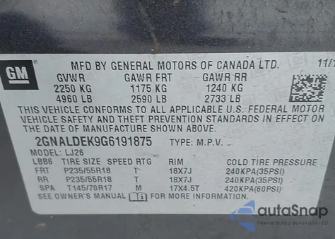 2016 Chevrolet Equinox Ltz z USA, uszkodzony, nr VIN 2GNALDEK9G6191875